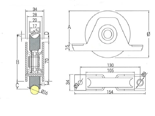 Esquema medidas rueda p. corredera 90 y 100 mm con canal redondo de 16 mm y soporte atornillar
